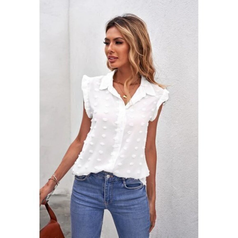 Boho Style White Turn down Collar Ruffle Polka Dot Tank Size Small RefI021